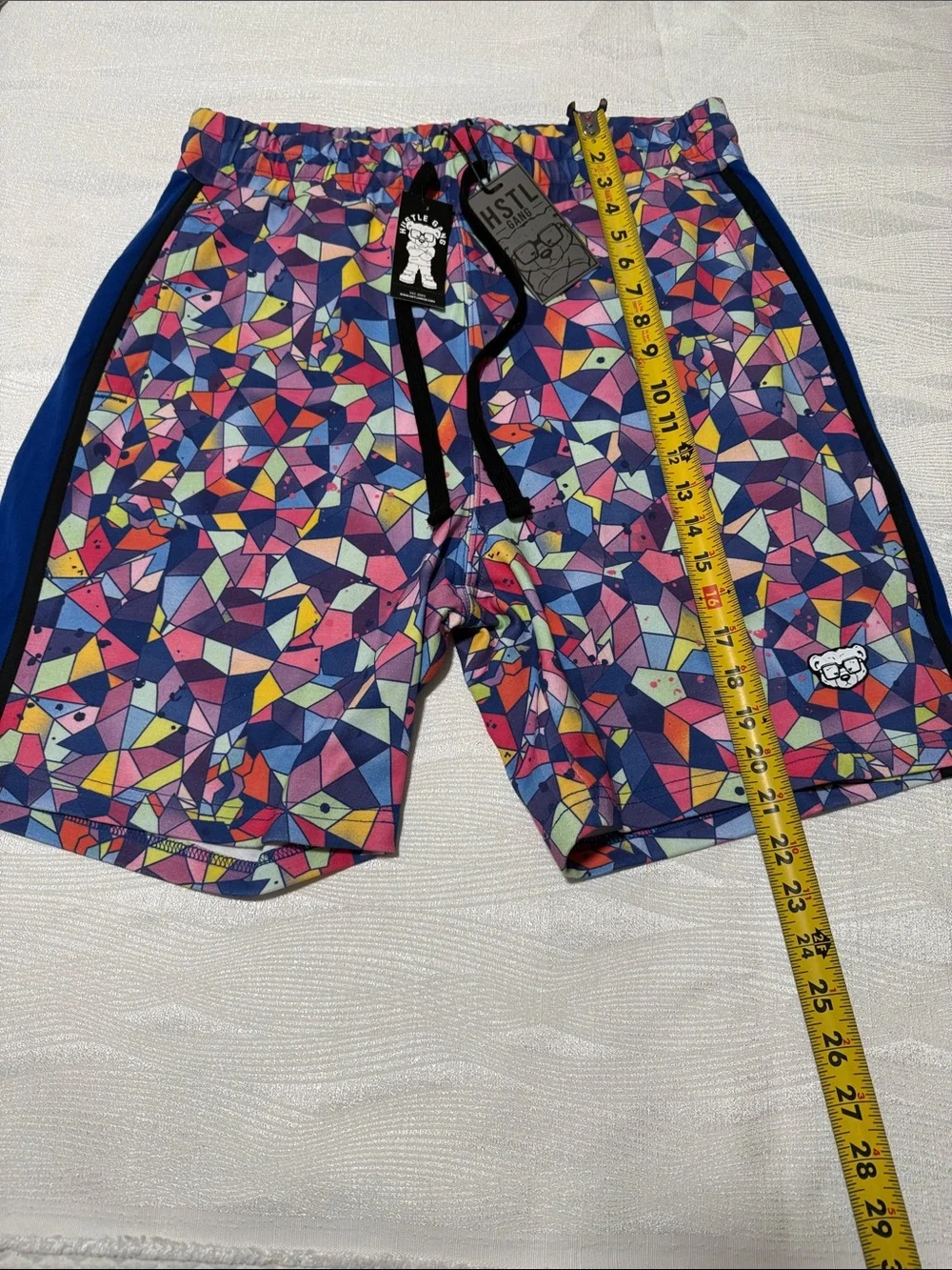 HUSTLE GANG Men Multicolor Mosaic Athletic Shorts with Blue Side Panels size L